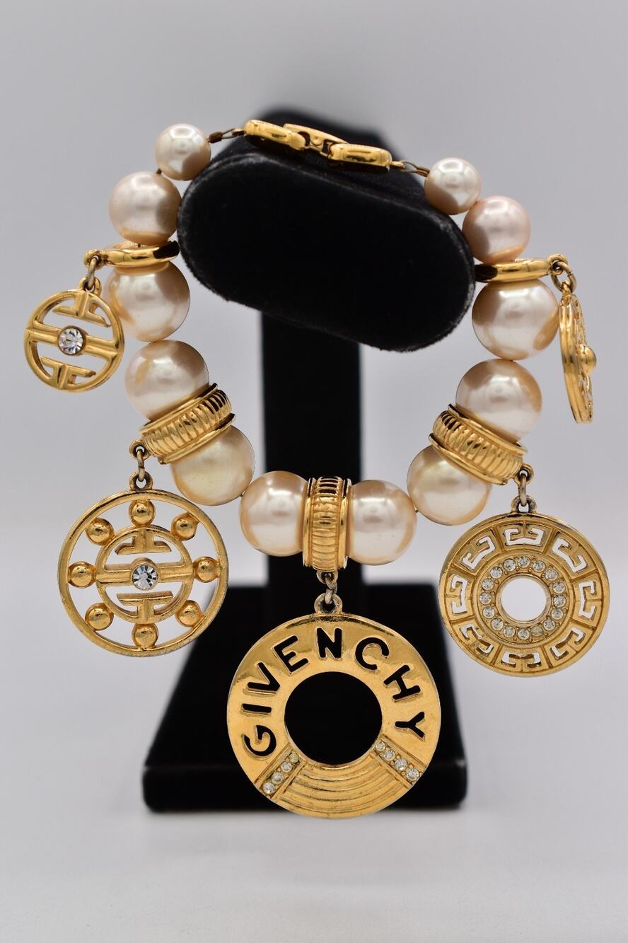 Givenchy Vintage Pearl Charm Bracelet Logo Medallions Gold Runway Signed Bin2